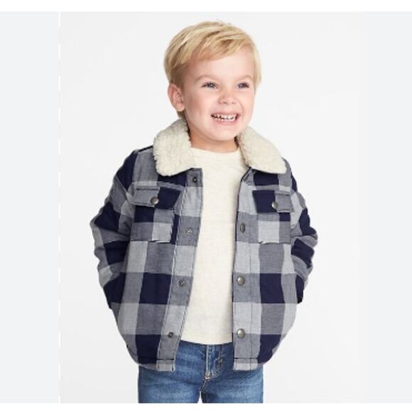 Old Navy Jacket Kids Boys Sz 3T Sherpa Fleece Lined Button Up Buffalo Plaid Blue - Picture 2 of 7